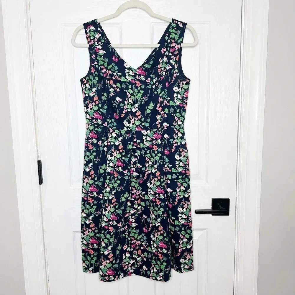 NINE WEST Size 4 Fit & Flare Navy Floral Print Midi Dress